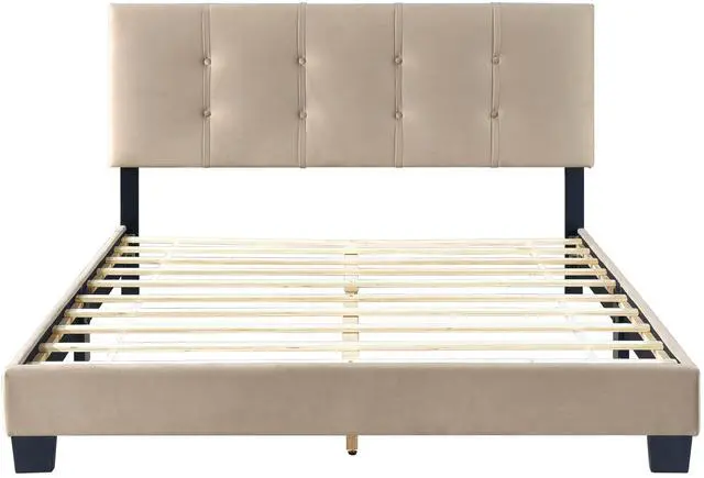 Alt view image 3 of 7 - 1Pc Queen Platform Bed Light Brown Velvet Upholstered Adjustable Height Headboard Button Tufted Solid Wood Bedroom Furniture