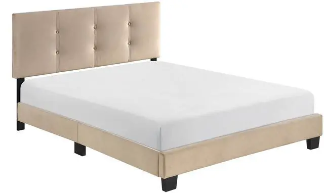 Alt view image 4 of 7 - 1Pc Full Platform Bed Light Brown Velvet Upholstered Adjustable Height Headboard Button Tufted Solid Wood Bedroom Furniture