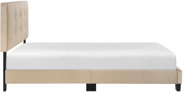 Alt view image 6 of 7 - 1Pc Full Platform Bed Light Brown Velvet Upholstered Adjustable Height Headboard Button Tufted Solid Wood Bedroom Furniture