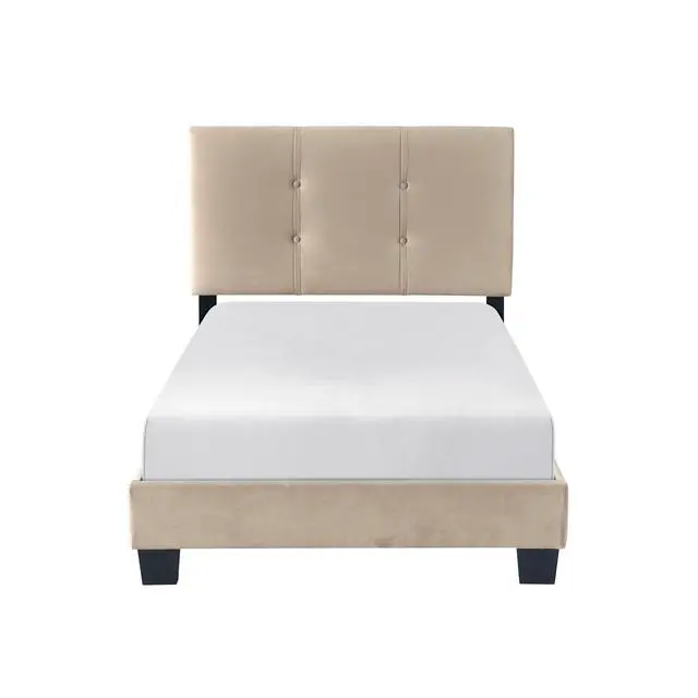 Alt view image 2 of 7 - 1Pc Twin Platform Bed Light Brown Velvet Upholstered Adjustable Height Headboard Button Tufted Solid Wood Bedroom Furniture