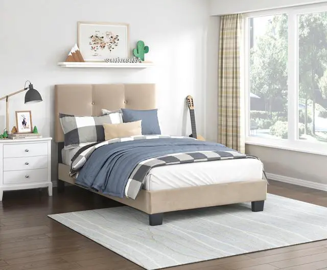Main image of 1Pc Twin Platform Bed Light Brown Velvet Upholstered Adjustable Height Headboard Button Tufted Solid Wood Bedroom Furniture