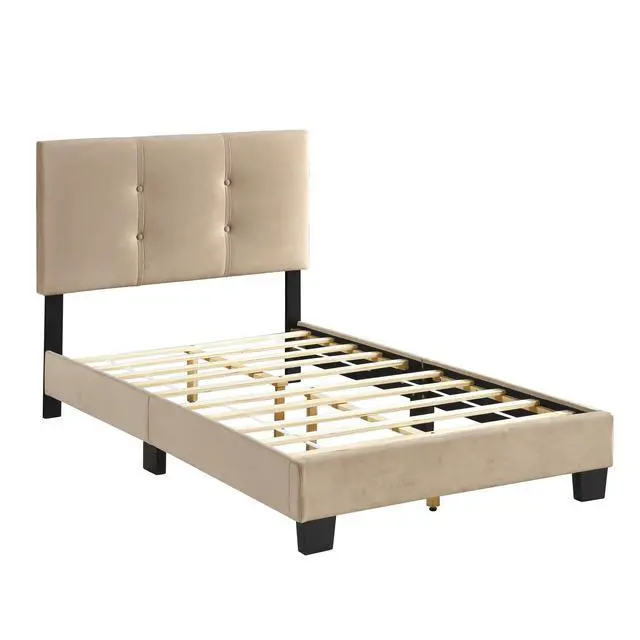 Alt view image 5 of 7 - 1Pc Twin Platform Bed Light Brown Velvet Upholstered Adjustable Height Headboard Button Tufted Solid Wood Bedroom Furniture