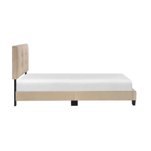 Alt view image 6 of 7 - 1Pc Twin Platform Bed Light Brown Velvet Upholstered Adjustable Height Headboard Button Tufted Solid Wood Bedroom Furniture