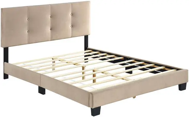 Alt view image 5 of 7 - 1Pc Full Platform Bed Light Brown Velvet Upholstered Adjustable Height Headboard Button Tufted Solid Wood Bedroom Furniture
