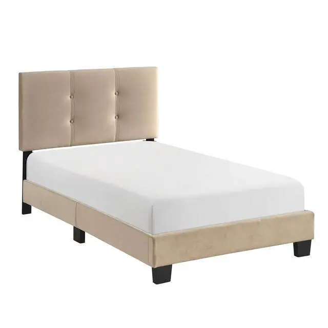 Alt view image 4 of 7 - 1Pc Twin Platform Bed Light Brown Velvet Upholstered Adjustable Height Headboard Button Tufted Solid Wood Bedroom Furniture