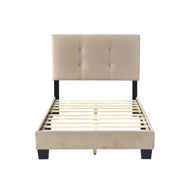Alt view image 3 of 7 - 1Pc Twin Platform Bed Light Brown Velvet Upholstered Adjustable Height Headboard Button Tufted Solid Wood Bedroom Furniture