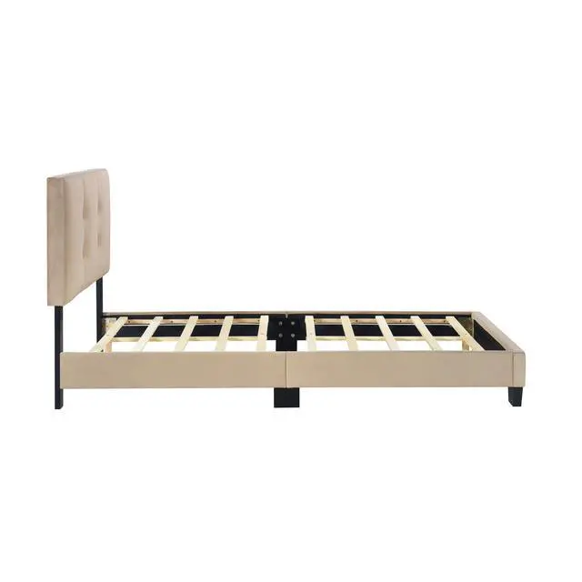 Alt view image 7 of 7 - 1Pc Twin Platform Bed Light Brown Velvet Upholstered Adjustable Height Headboard Button Tufted Solid Wood Bedroom Furniture