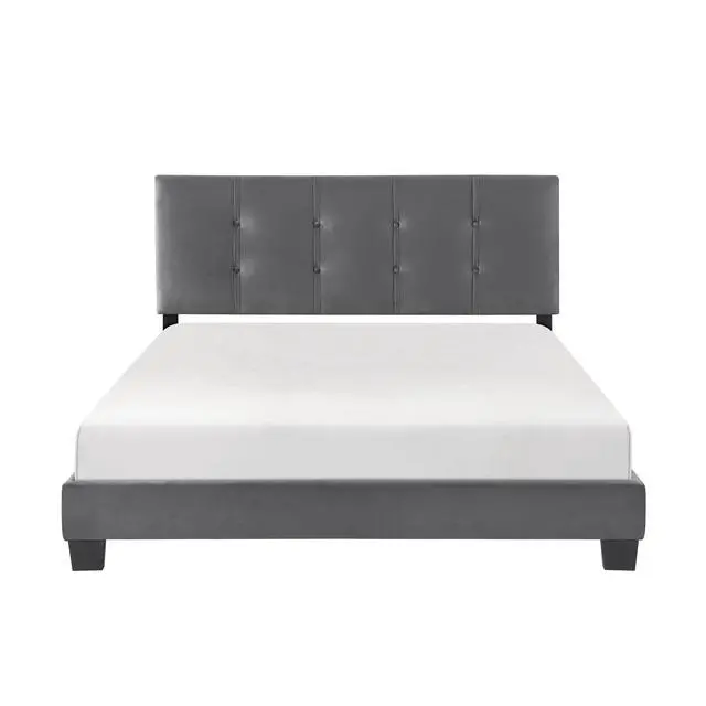 Alt view image 2 of 7 - 1Pc Queen Platform Bed Dark Gray Velvet Upholstered Adjustable Height Headboard Button Tufted Solid Wood Bedroom Furniture
