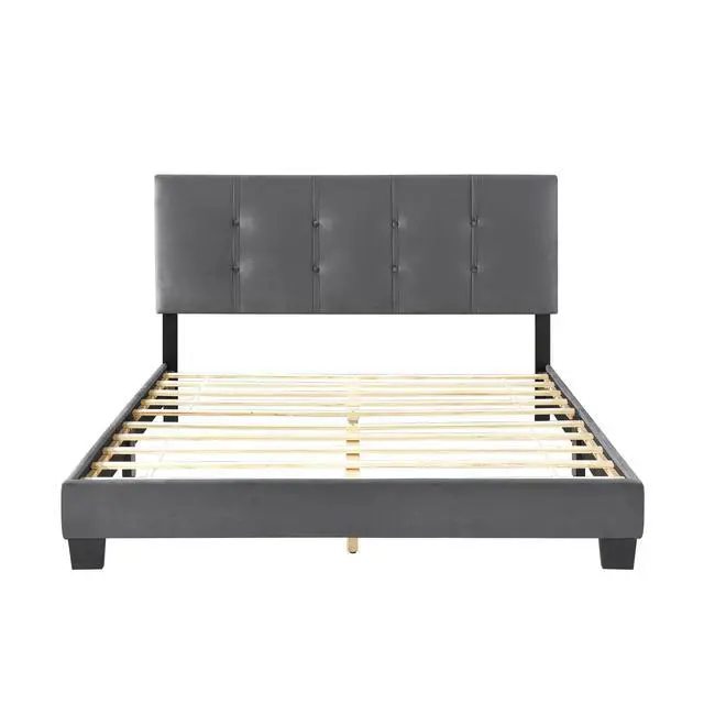 Alt view image 3 of 7 - 1Pc Queen Platform Bed Dark Gray Velvet Upholstered Adjustable Height Headboard Button Tufted Solid Wood Bedroom Furniture