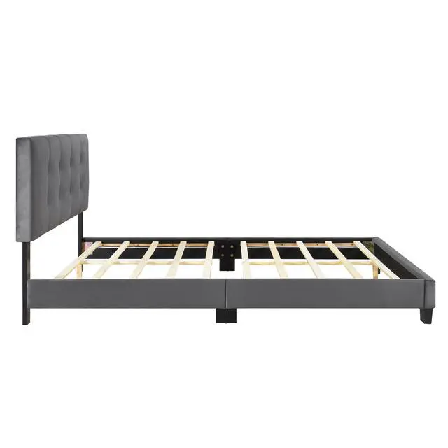 Alt view image 7 of 7 - 1Pc Queen Platform Bed Dark Gray Velvet Upholstered Adjustable Height Headboard Button Tufted Solid Wood Bedroom Furniture