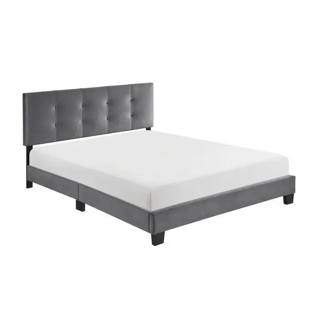 Alt view image 4 of 7 - 1Pc Queen Platform Bed Dark Gray Velvet Upholstered Adjustable Height Headboard Button Tufted Solid Wood Bedroom Furniture