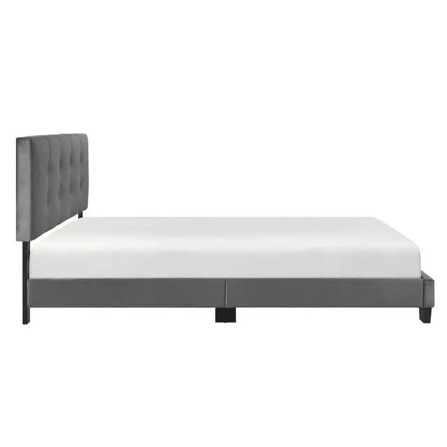 Alt view image 6 of 7 - 1Pc Queen Platform Bed Dark Gray Velvet Upholstered Adjustable Height Headboard Button Tufted Solid Wood Bedroom Furniture