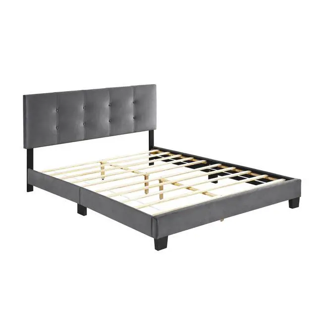 Alt view image 5 of 7 - 1Pc Queen Platform Bed Dark Gray Velvet Upholstered Adjustable Height Headboard Button Tufted Solid Wood Bedroom Furniture
