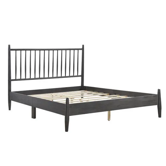 Alt view image 5 of 7 - Mid-Century Modern Design Queen Platform Bed 1Pc Gray Finish Wooden Bedroom Furniture Vertical Slats Headboard, Bed In A Box