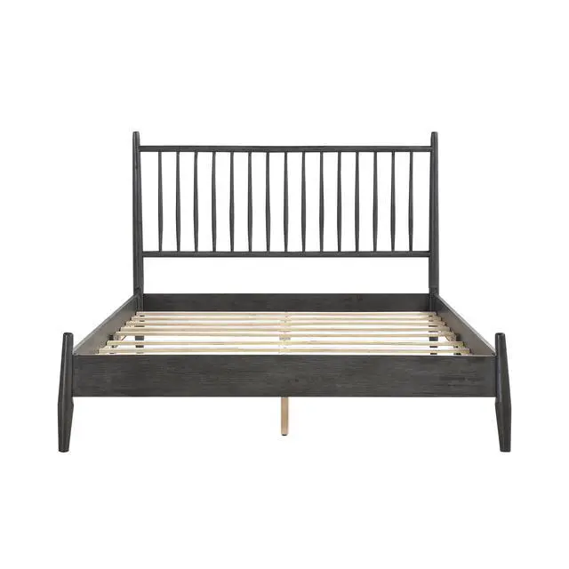 Alt view image 6 of 7 - Mid-Century Modern Design Queen Platform Bed 1Pc Gray Finish Wooden Bedroom Furniture Vertical Slats Headboard, Bed In A Box