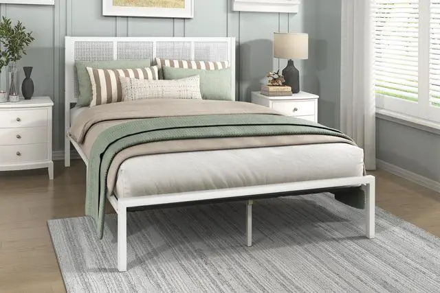 Main image of 1Pc Queen Platform Bed, Metal Frame White Finish Faux Cane Panel Headboard Casual Coastal Bedroom Furniture, Bed In A Box