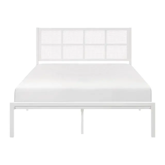 Alt view image 2 of 7 - 1Pc Queen Platform Bed, Metal Frame White Finish Faux Cane Panel Headboard Casual Coastal Bedroom Furniture, Bed In A Box