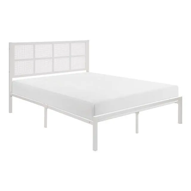 Alt view image 3 of 7 - 1Pc Queen Platform Bed, Metal Frame White Finish Faux Cane Panel Headboard Casual Coastal Bedroom Furniture, Bed In A Box