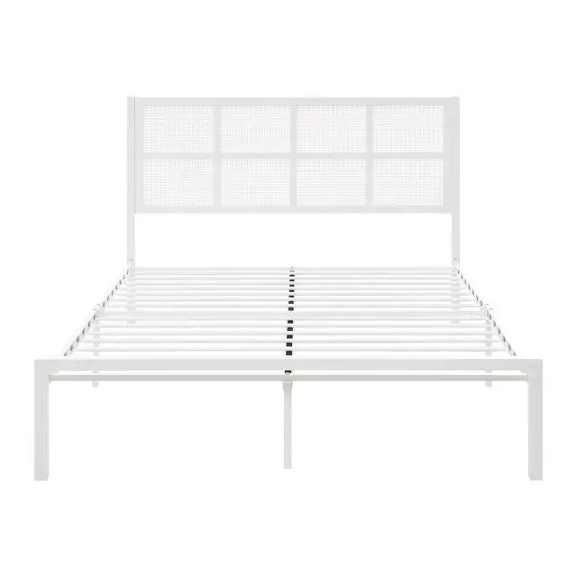 Alt view image 5 of 7 - 1Pc Queen Platform Bed, Metal Frame White Finish Faux Cane Panel Headboard Casual Coastal Bedroom Furniture, Bed In A Box