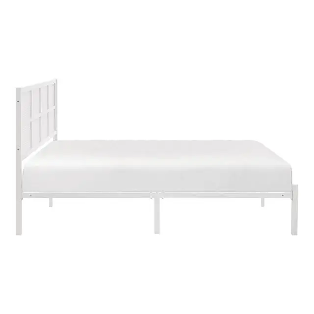 Alt view image 4 of 7 - 1Pc Queen Platform Bed, Metal Frame White Finish Faux Cane Panel Headboard Casual Coastal Bedroom Furniture, Bed In A Box