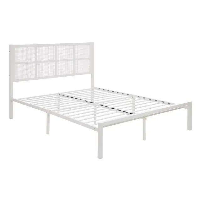 Alt view image 6 of 7 - 1Pc Queen Platform Bed, Metal Frame White Finish Faux Cane Panel Headboard Casual Coastal Bedroom Furniture, Bed In A Box