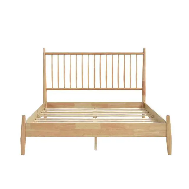 Alt view image 5 of 7 - Mid-Century Modern Design Full Platform Bed 1Pc Natural Finish Wooden Bedroom Furniture Vertical Slats Headboard, Bed In A Box