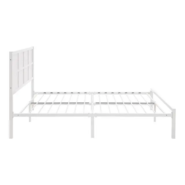 Alt view image 7 of 7 - 1Pc Queen Platform Bed, Metal Frame White Finish Faux Cane Panel Headboard Casual Coastal Bedroom Furniture, Bed In A Box
