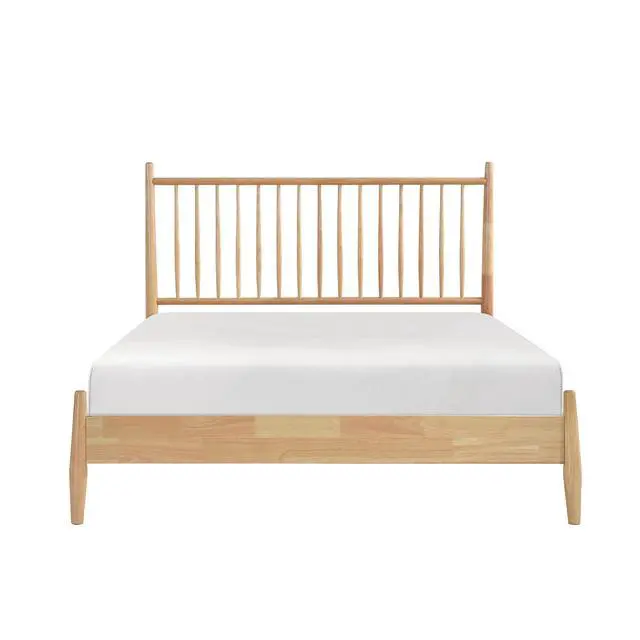Alt view image 2 of 7 - Mid-Century Modern Design Full Platform Bed 1Pc Natural Finish Wooden Bedroom Furniture Vertical Slats Headboard, Bed In A Box