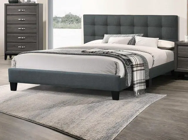 Alt view image 5 of 7 - Modern 1Pc Queen Size Bed Charcoal Polyfiber Tufted Headboard Platform Bedframe Bedroom Furniture