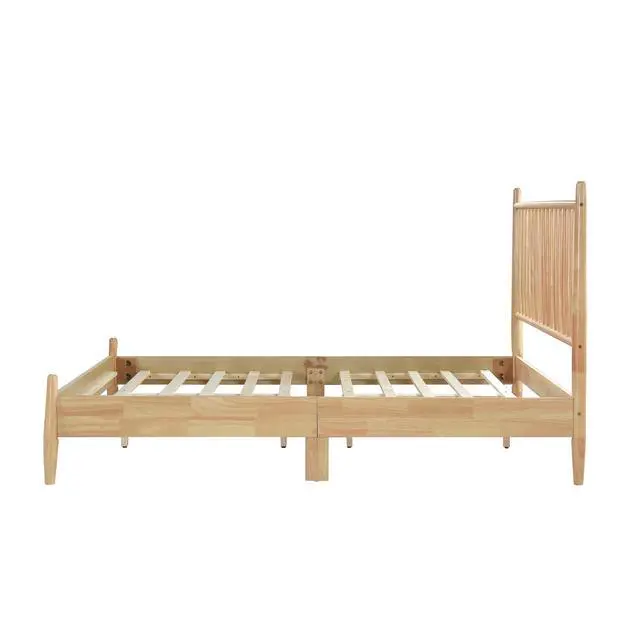Alt view image 7 of 7 - Mid-Century Modern Design Full Platform Bed 1Pc Natural Finish Wooden Bedroom Furniture Vertical Slats Headboard, Bed In A Box