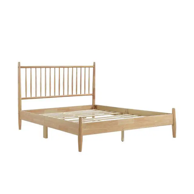 Alt view image 6 of 7 - Mid-Century Modern Design Full Platform Bed 1Pc Natural Finish Wooden Bedroom Furniture Vertical Slats Headboard, Bed In A Box