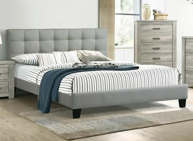 Main image of Contemporary 1Pc Full Size Bed Grey Polyfiber Tufted Headboard Platform Bedframe Bedroom Furniture