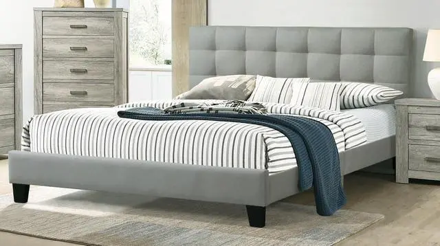Alt view image 7 of 7 - Contemporary 1Pc Full Size Bed Grey Polyfiber Tufted Headboard Platform Bedframe Bedroom Furniture