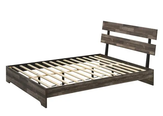 Alt view image 3 of 5 - 1Pc Rustic Queen Platform Bed Slat Headboard Low-Profile Bed Frame Brown Finish Contemporary Bedroom Furniture