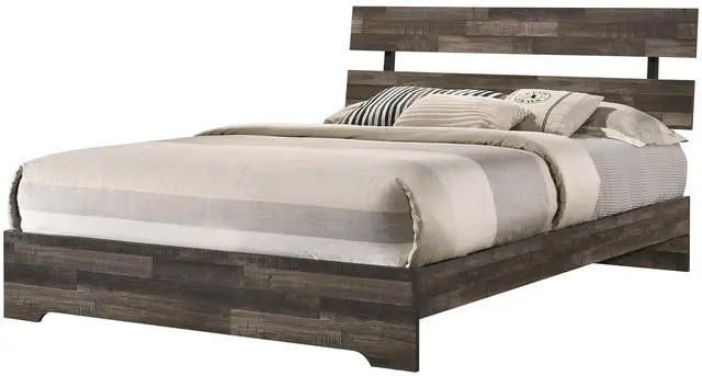 Main image of 1Pc Rustic Queen Platform Bed Slat Headboard Low-Profile Bed Frame Brown Finish Contemporary Bedroom Furniture