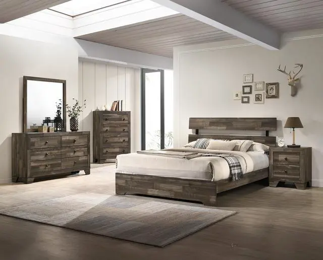 Alt view image 5 of 5 - 1Pc Rustic Queen Platform Bed Slat Headboard Low-Profile Bed Frame Brown Finish Contemporary Bedroom Furniture