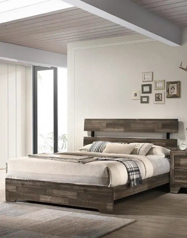 Alt view image 2 of 5 - 1Pc Rustic Queen Platform Bed Slat Headboard Low-Profile Bed Frame Brown Finish Contemporary Bedroom Furniture
