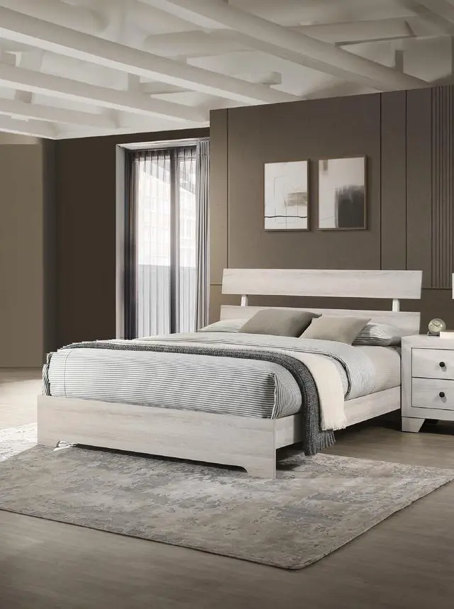 Alt view image 2 of 5 - 1Pc Rustic Queen Platform Bed Slat Headboard Low-Profile Bed Frame White Wash Finish Contemporary Bedroom Furniture