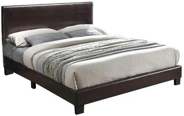 Alt view image 6 of 7 - Modern Brown 1Pc Full Size Bed Faux Leather Upholstered Bedframe Bedroom Furniture Adjustable Headboard