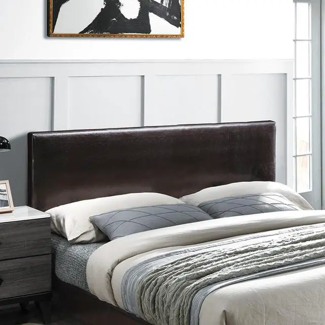Alt view image 3 of 7 - Modern Brown 1Pc Full Size Bed Faux Leather Upholstered Bedframe Bedroom Furniture Adjustable Headboard