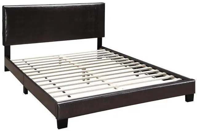 Alt view image 5 of 7 - Modern Brown 1Pc Full Size Bed Faux Leather Upholstered Bedframe Bedroom Furniture Adjustable Headboard