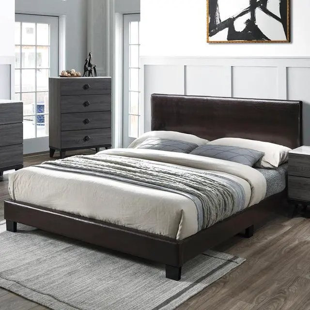 Alt view image 2 of 7 - Modern Brown 1Pc Full Size Bed Faux Leather Upholstered Bedframe Bedroom Furniture Adjustable Headboard