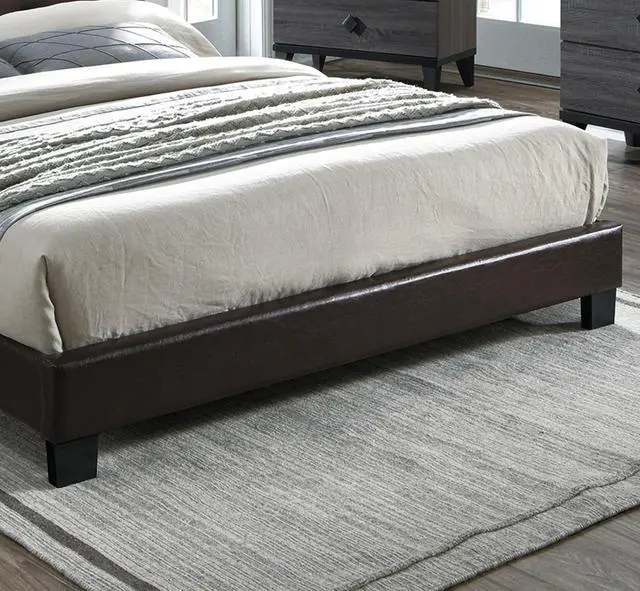 Alt view image 4 of 7 - Modern Brown 1Pc Full Size Bed Faux Leather Upholstered Bedframe Bedroom Furniture Adjustable Headboard
