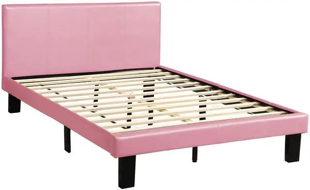 Main image of Simple Modern Pink Faux Leather Upholstered Full Size Bed Bedroom Wooden Slats 1Pc Platform Bedframe