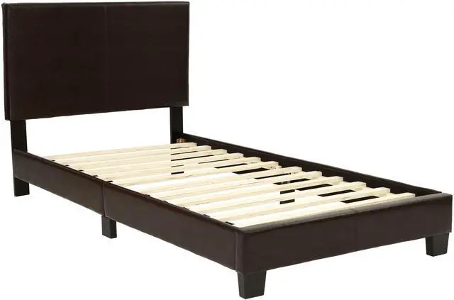 Main image of Modern Brown 1Pc Twin Size Bed Faux Leather Upholstered Bedframe Bedroom Furniture Adjustable Headboard