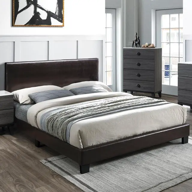 Main image of Modern Brown 1Pc Full Size Bed Faux Leather Upholstered Bedframe Bedroom Furniture Adjustable Headboard