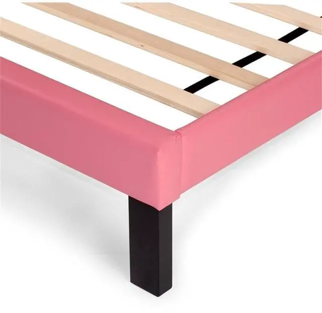 Alt view image 5 of 7 - Simple Modern Pink Faux Leather Upholstered Full Size Bed Bedroom Wooden Slats 1Pc Platform Bedframe