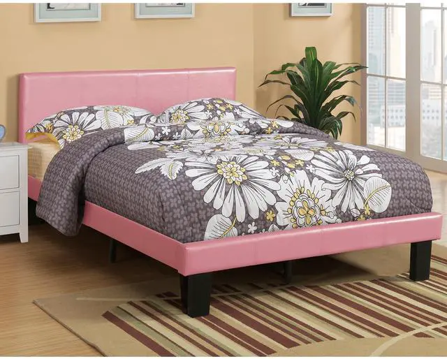Alt view image 2 of 7 - Simple Modern Pink Faux Leather Upholstered Full Size Bed Bedroom Wooden Slats 1Pc Platform Bedframe