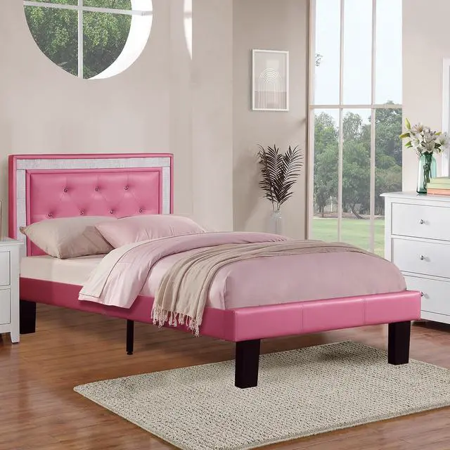 Alt view image 2 of 7 - Modern Bedroom Furniture 1Pc Twin Size Bed Pink Faux Leather Pu Wooden Legs Tufted Hb Slats Support