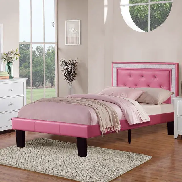 Alt view image 4 of 7 - Modern Bedroom Furniture 1Pc Twin Size Bed Pink Faux Leather Pu Wooden Legs Tufted Hb Slats Support
